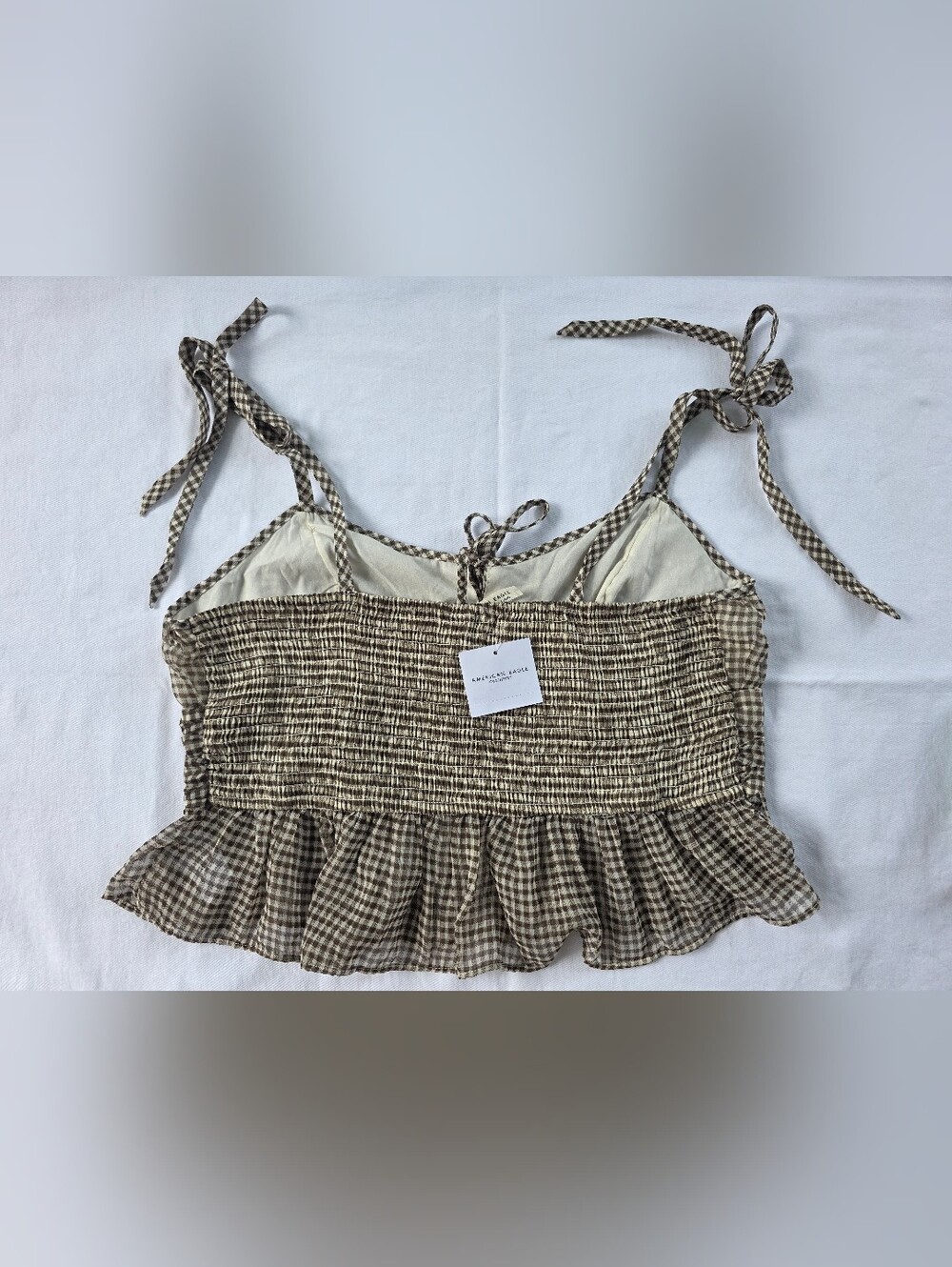 American Eagle Outfitters Women's L Brown/White Gingham Smocked Tie Cami Tank - Picture 9 of 9